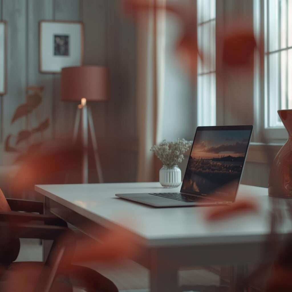 hellgrauer raum, mit beige, ein Laptop auf Schreibtisch, Akzente mit dunkelrot und lachsfarben, blurry stilvolle Atmosphäre - helle gemütliche atmosphöre lachsfarben znd etwwas rot