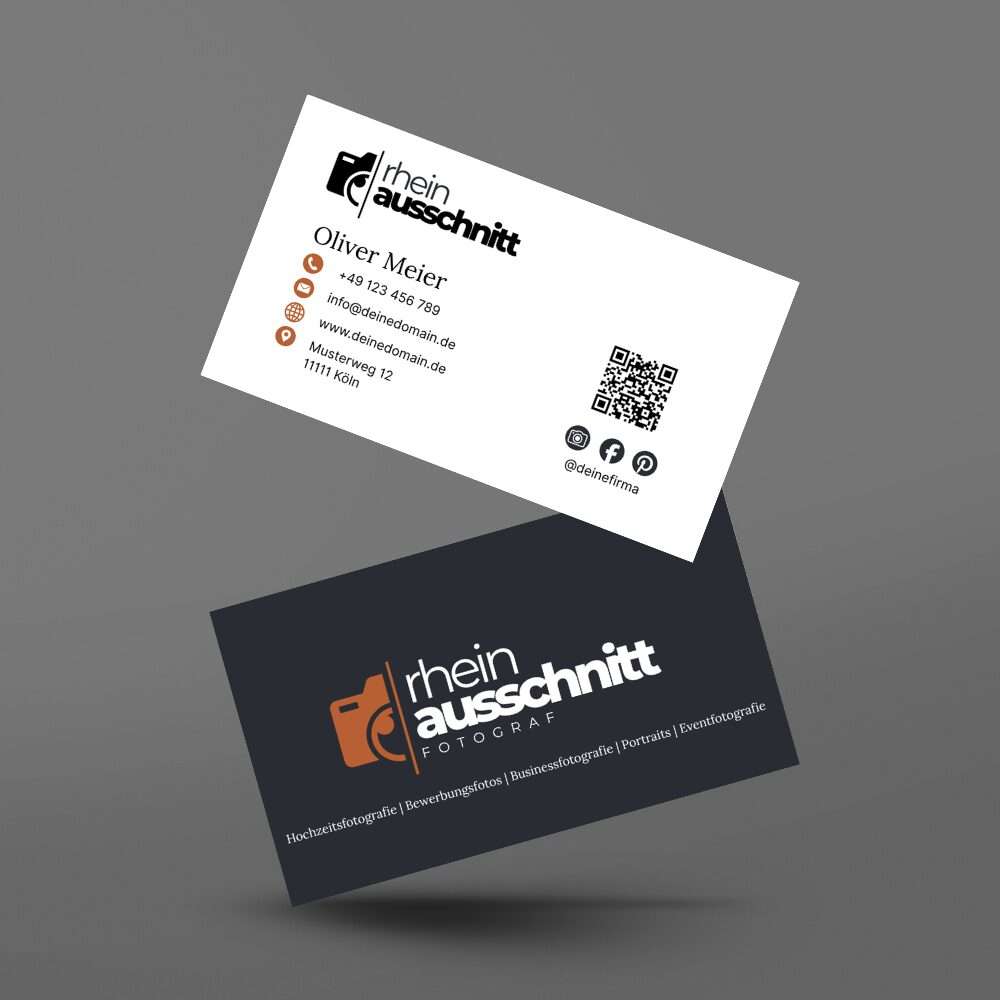 Visitenkarte von Rheinausschnitt – Fotograf für Schwarz-Weiß-Fotografie in Köln mit Logo und Kontaktinformationen Visitenkarte von Rheinausschnitt – Fotograf für Schwarz-Weiß-Fotografie in Köln mit Logo und Kontaktinformationen