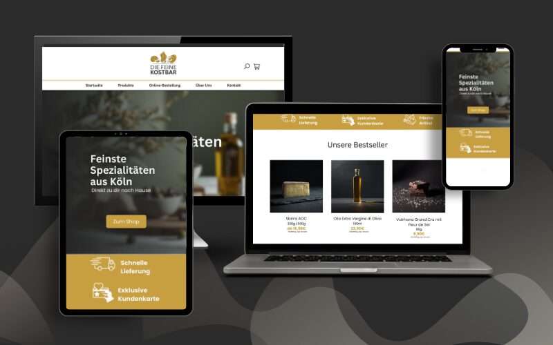 Responsive Webdesign der Webseite von Feine Kostbar in Köln, optimiert für Desktop, Tablet und Smartphone Responsive Webdesign der Webseite von Feine Kostbar in Köln, optimiert für Desktop, Tablet und Smartphone