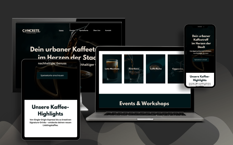 Responsive Webdesign der Webseite von Concrete. – modernem Kaffeeladen in Köln, optimiert für Desktop, Tablet und Smartphone Responsive Webdesign der Webseite von Concrete. – modernem Kaffeeladen in Köln, optimiert für Desktop, Tablet und Smartphone