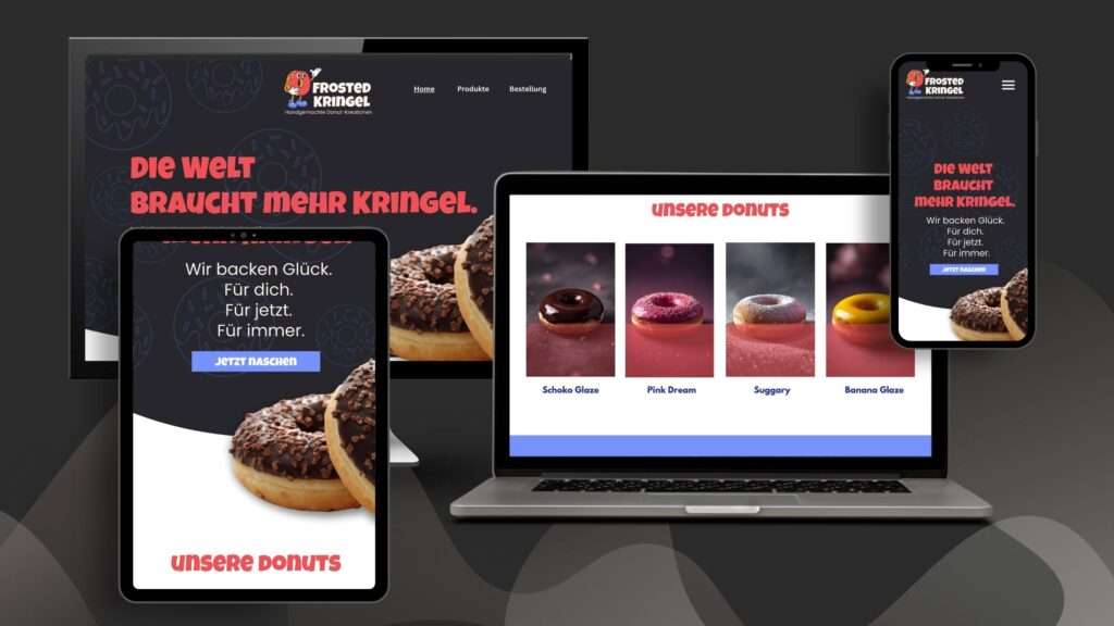 Responsive Webdesign der Frosted Kringel Webseite in Köln, optimiert für Desktop, Tablet und Smartphone, mit Online-Bestellfunktion per WhatsApp Responsive Webdesign der Frosted Kringel Webseite in Köln, optimiert für Desktop, Tablet und Smartphone, mit Online-Bestellfunktion per WhatsApp