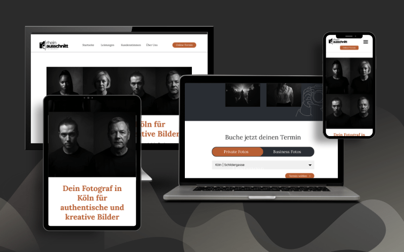 Responsive Webdesign der Webseite von Rheinausschnitt, spezialisiert auf Schwarz-Weiß-Fotografie in Köln, optimiert für Desktop, Tablet und Smartphone Responsive Webdesign der Webseite von Rheinausschnitt, spezialisiert auf Schwarz-Weiß-Fotografie in Köln, optimiert für Desktop, Tablet und Smartphone