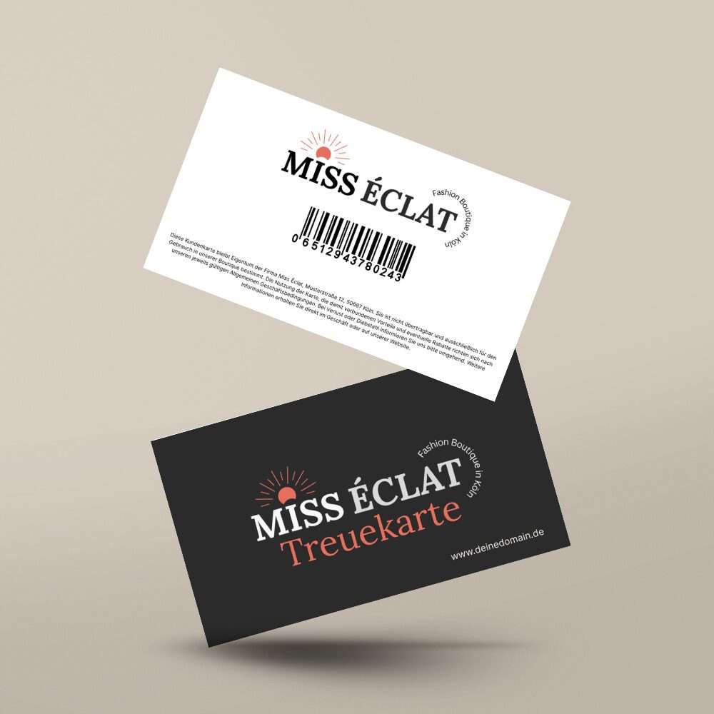 Kundenkarte von Miss Éclat Boutique in Refrath mit Barcode und minimalistischer Gestaltung für Treuerabatte Kundenkarte von Miss Éclat Boutique in Refrath mit Barcode und minimalistischer Gestaltung für Treuerabatte