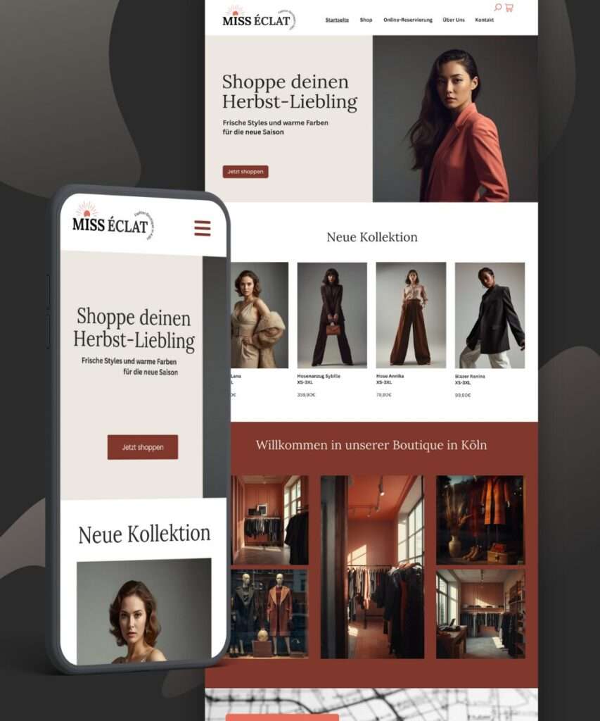 Startseite der Webseite von Miss Éclat Boutique in Refrath mit modernem, minimalistischem Design und kuratierten Einzelstücken Startseite der Webseite von Miss Éclat Boutique in Refrath mit modernem, minimalistischem Design und kuratierten Einzelstücken