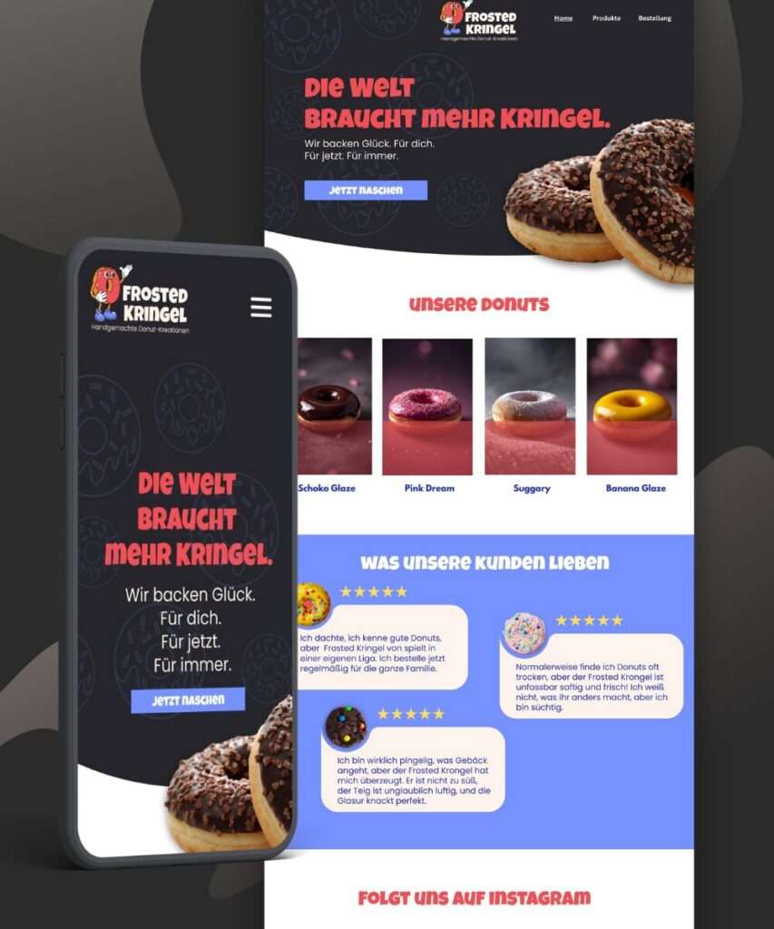 Startseite der Webseite von Frosted Kringel in Köln mit Bildern von Donuts, Online-Bestellfunktion per WhatsApp und Kundenbewertungen Startseite der Webseite von Frosted Kringel in Köln mit Bildern von Donuts, Online-Bestellfunktion per WhatsApp und Kundenbewertungen