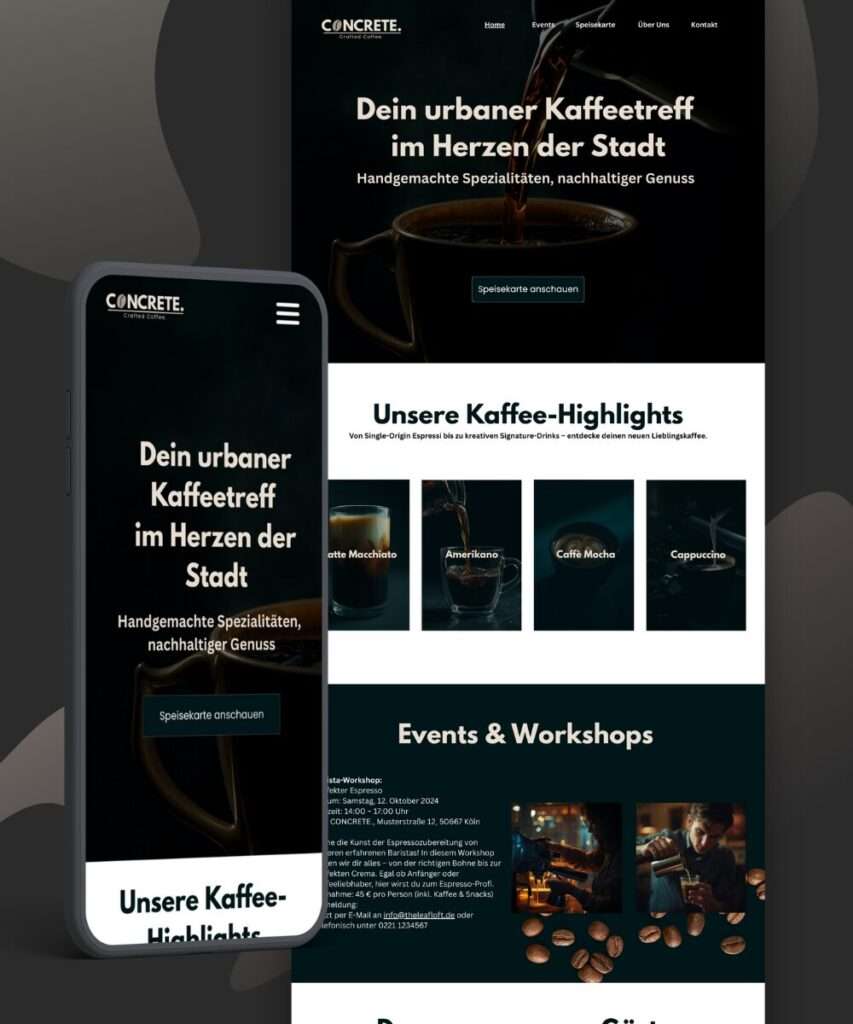 Startseite der Webseite von Concrete. – modernem Kaffeeladen in Köln mit klarer Struktur und Überblick über Kaffeespezialitäten Startseite der Webseite von Concrete. – modernem Kaffeeladen in Köln mit klarer Struktur und Überblick über Kaffeespezialitäten