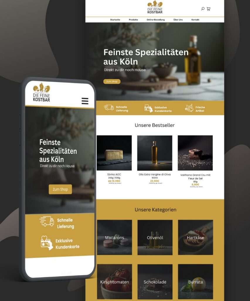 Startseite der Webseite von Feine Kostbar in Köln mit aktueller Produktauswahl und übersichtlicher Kategoriedarstellung im Onepager-Design Startseite der Webseite von Feine Kostbar in Köln mit aktueller Produktauswahl und übersichtlicher Kategoriedarstellung im Onepager-Design