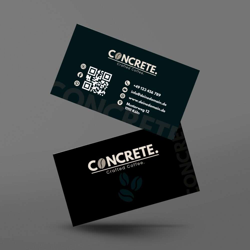 Visitenkarte von Concrete. – modernem Kaffeeladen in Köln mit klarem Design und Kontaktinformationen Visitenkarte von Concrete. – modernem Kaffeeladen in Köln mit klarem Design und Kontaktinformationen