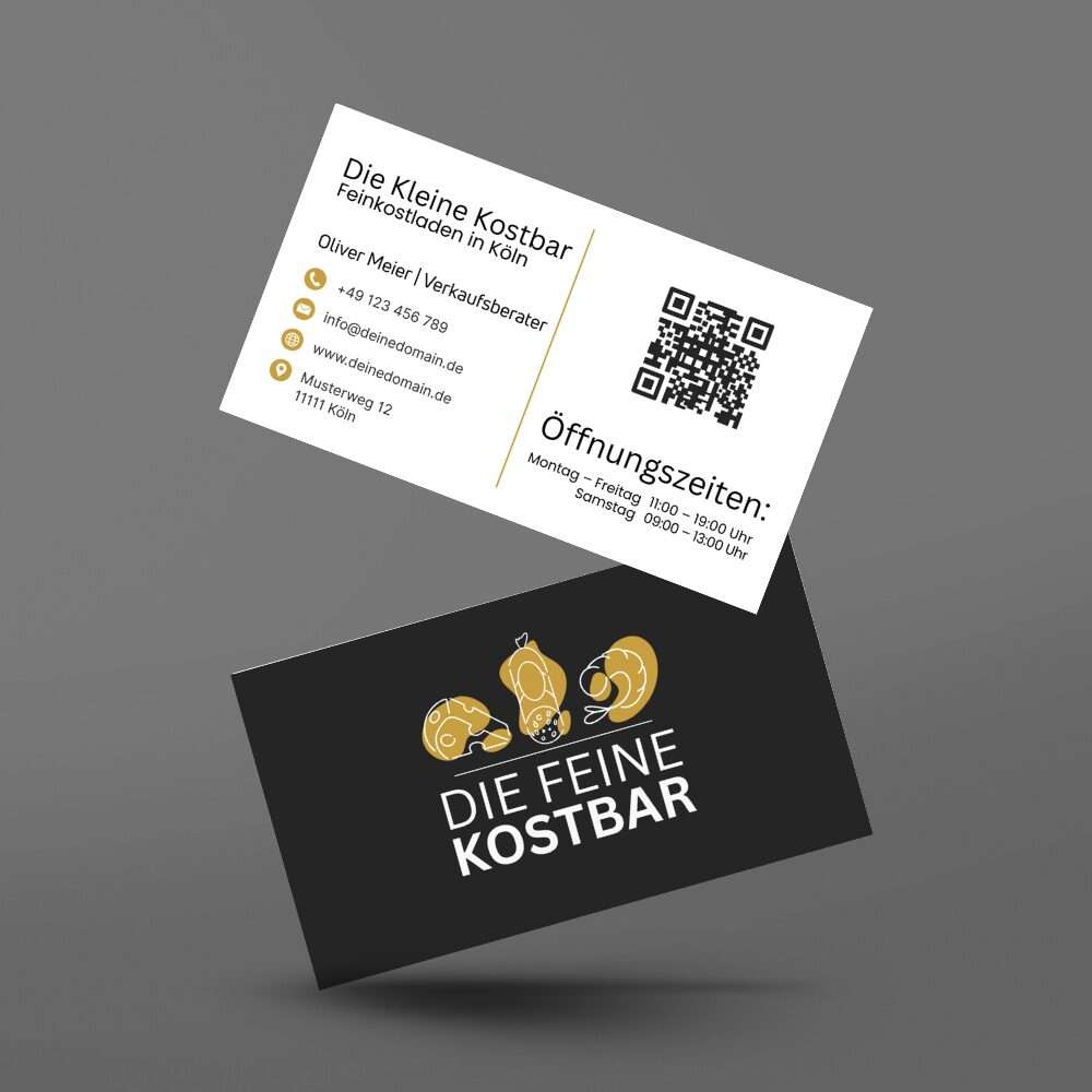 Visitenkarte von Feine Kostbar – Feinkostladen in Köln mit charmantem Design und KontaktinformationenWebseite und Branding für Raster Dot – modernes Kunstatelier in Köln Visitenkarte von Feine Kostbar – Feinkostladen in Köln mit charmantem Design und KontaktinformationenWebseite und Branding für Raster Dot – modernes Kunstatelier in Köln