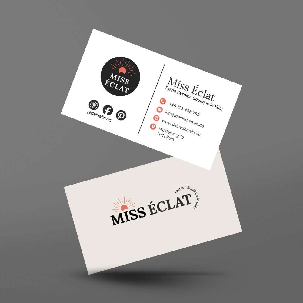 Visitenkarte von Miss Éclat Boutique in Refrath mit minimalistischer Gestaltung und Kontaktinformationen Visitenkarte von Miss Éclat Boutique in Refrath mit minimalistischer Gestaltung und Kontaktinformationen