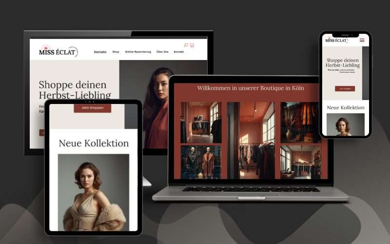 Responsive Webdesign der Webseite von Miss Éclat Boutique in Refrath, optimiert für Desktop, Tablet und Smartphone Responsive Webdesign der Webseite von Miss Éclat Boutique in Refrath, optimiert für Desktop, Tablet und Smartphone